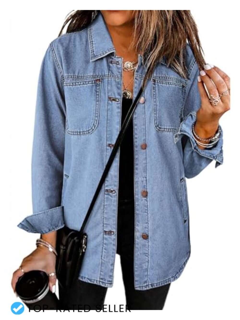 Denim Jacket Women Long Sleeve Button Down Shacket with Pockets Relaxed Fit